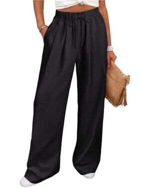 Women Wide Leg Linen Palazzo Pants Casual Elastic Waist Drawstring Flowy Loose